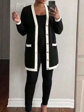 Black Elegant Women's Plus Size Long Warm Cardigan with Metal Button Closure